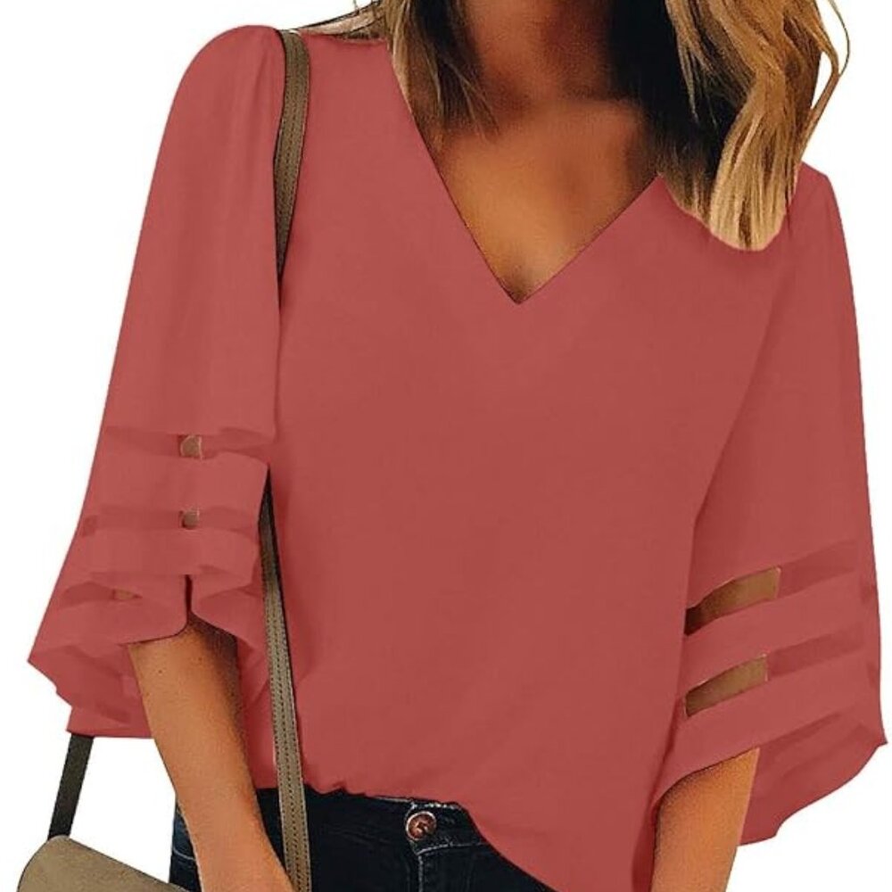 V-Neck Mesh Panel Blouse with 3/4 Bell Sleeve - Coral Color - XL